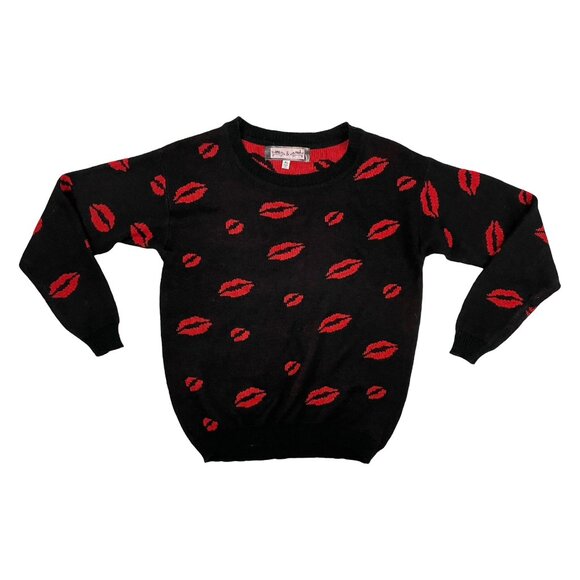 Onna & Maud Sweater Valentine Lips Red Black Women's Size XL NWOT Anthropologie - Picture 1 of 4